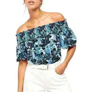 Free People Blue Women's Size S Rouched Technicolor Bubble Crop Top Blouse